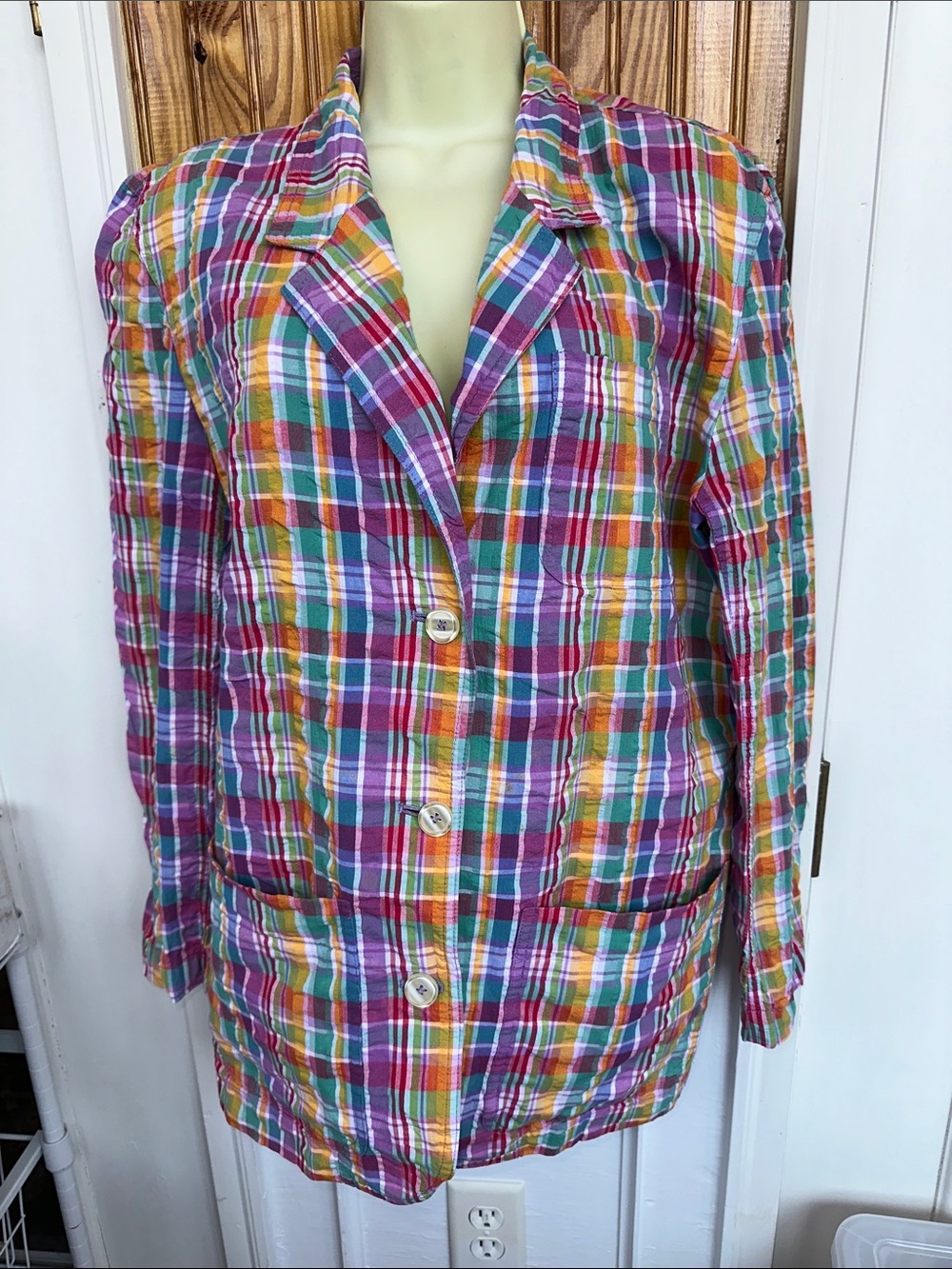 Vintage 90s Lizsport‎ Bright Multicolored Madras Cloth Cotton Long Blazer Jacket